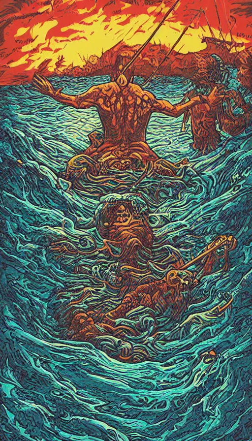 Image similar to man on boat crossing a body of water in hell with creatures in the water, sea of souls, by dan mumford,