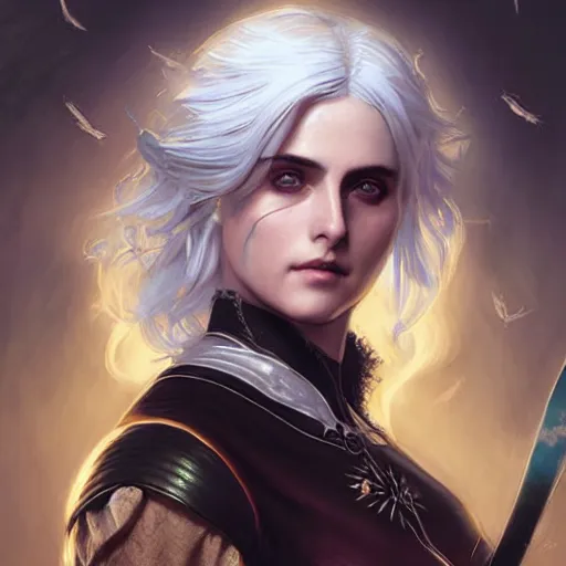 Image similar to Pre-Raphaelite Ciri from Witcher 3 by Artgerm and Greg Rutkowski, intricate, elegant, highly detailed, digital painting, pale