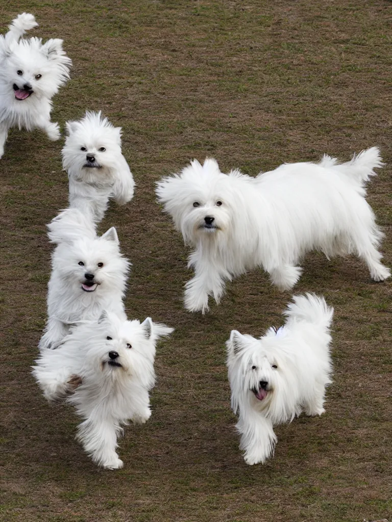 Image similar to a gray german spitz fights a white west highland terrier