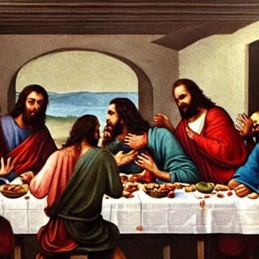 Prompt: jesus having a food fight and screaming in the last supper