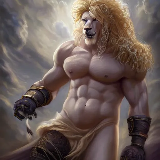 Image similar to aesthetic portrait commission of a albino muscular and attractive anthro lion as a greek god overlord with mane fur turning into cosmic smoke in the clouds, fantasy art, hyperdetailed. Character design by charlie bowater, ross tran, artgerm, and makoto shinkai, detailed, inked, western comic book art, 2021 award winning painting