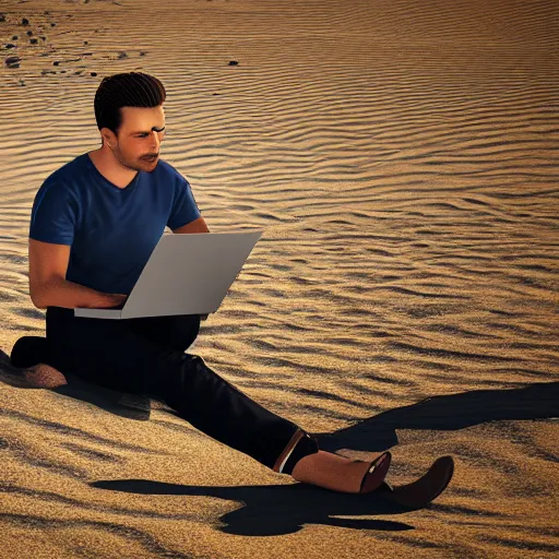 Image similar to a man with a laptop in the sandhill windy, photorealistic, 4 k