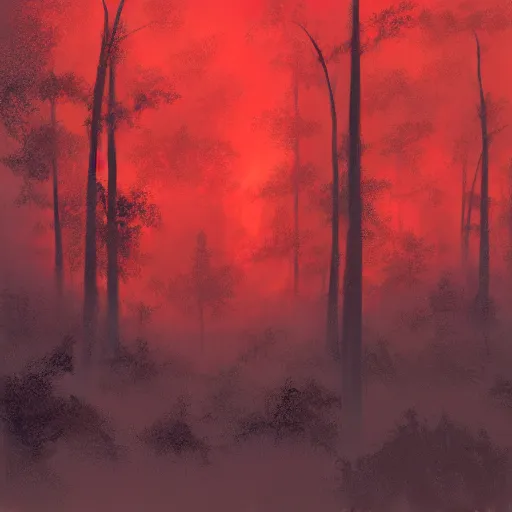 Image similar to a red silhouette of a man flying in a grey forest, eerie, craig mullins