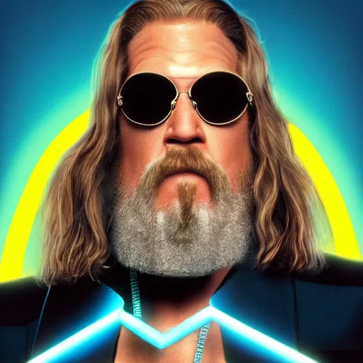 Prompt: dude lebowski played by jeff bridges in tron movie realm, photorealistic movie still, detailed 8 k, poster style, high resolution