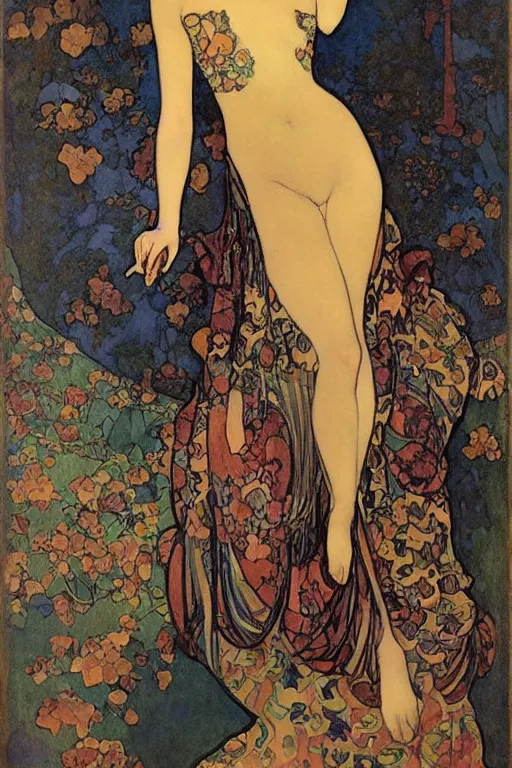 Prompt: portrait en buste of flapper girl of the roaring 20s by Aubrey Beardsley, by Alphonse Mucha by Gustav Klimt, by Maxfield Parrish, by Gerda Wegener, by Henri de Toulouse-Lautrec, bold moody colors, flamboyant clothes, roaring twenties