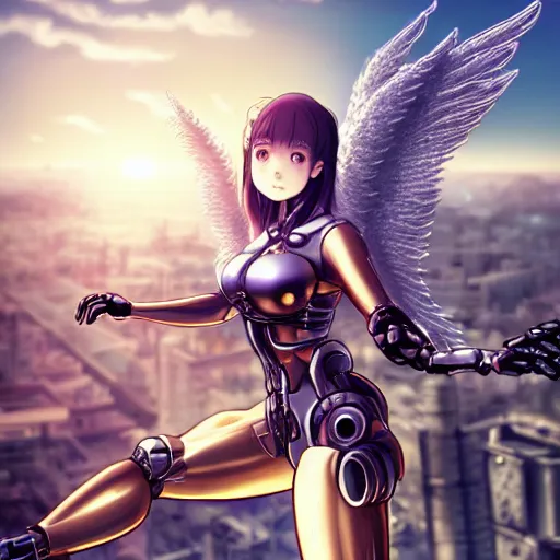 Prompt: cute endowed cyborg - angel girl with large angelic wings standing on the edge of a rooftop overlooking a floating city, left eye gold and right eye silver, biomechanical details, bionic cyborg implants, digital cyberpunk - anime art, full body shot, reflections, lens flare, wlop, ilya kuvshinov, artgerm, krenz cushart, greg rutkowski