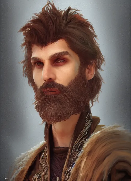 Image similar to an epic fantastic realism comic book style portrait painting of an aasimar warlock, male, shaggy hair, short brown beard, d & d concept art, unreal 5, daz, petrol aesthetic, octane render, cosplay, rpg portrait, dynamic lighting