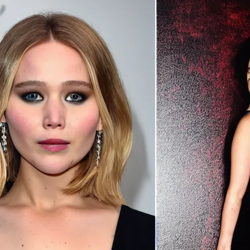 Image similar to a woman who is a genetic combination of jennifer lawrence and elizabeth olsen face and upper - body focus
