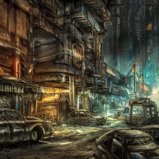 Image similar to post apocalyptic dieselpunk city , highly detailed, 4k, HDR, award-winning photo, glowave neon