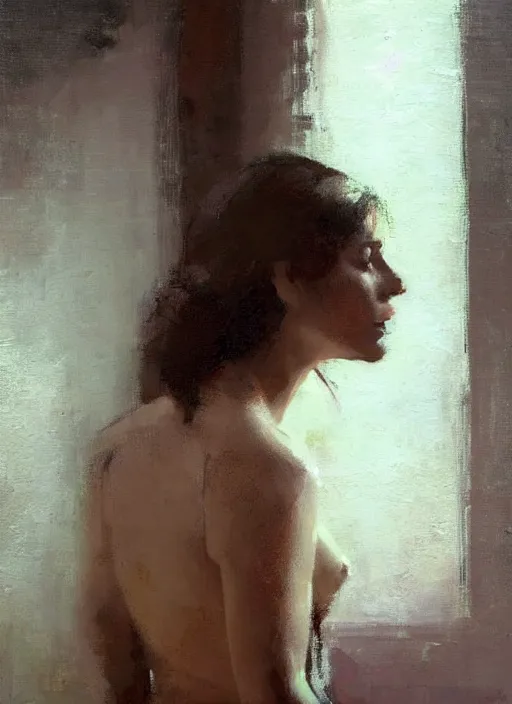 Image similar to aesthetic portrait painting of a beautiful woman posing in an artistic over a bed, by jeremy mann, only one head single portrait