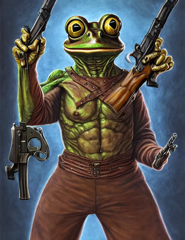 Prompt: anthropomorphic bipedal frog that is dressed as a medieval librarian, and dual wielding revolver pistols, as a matte oil painting and d & d character art, by alex grey, science fantasy, standing, fullbody, ornate, concept art, award - winning, extremely detailed, sharp focus