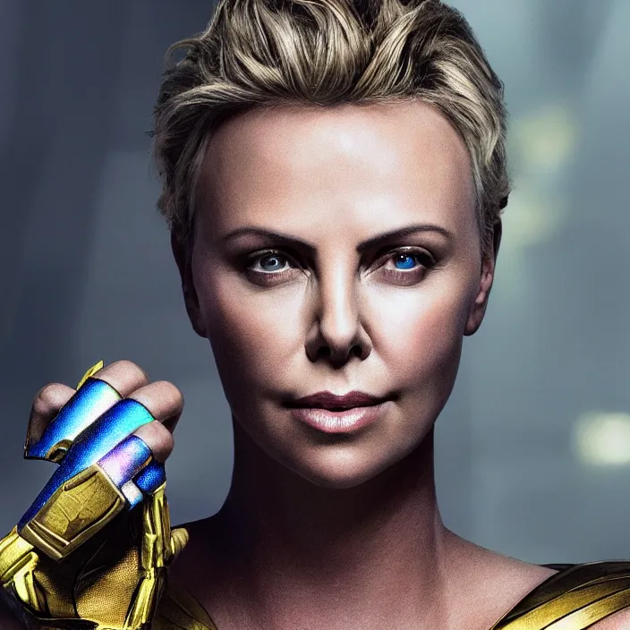 Image similar to portrait of ((Charlize Theron)), wearing The Infinity GAUNTLET. infinity gauntlet. intricate artwork. octane render, trending on artstation, very coherent symmetrical artwork. avengers. thanos. cinematic, hyper realism, high detail, octane render, 8k, iridescent accents