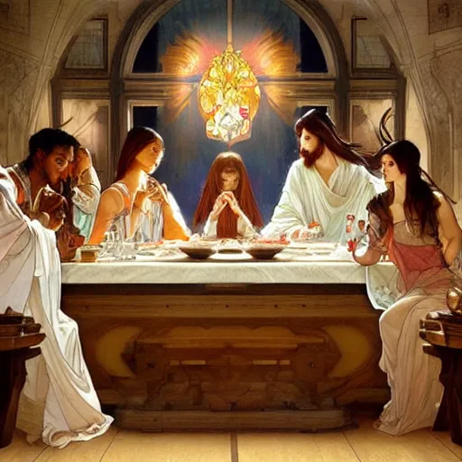 Image similar to The Last Supper Beautiful painting by Artgerm and Greg Rutkowski and Alphonse Mucha