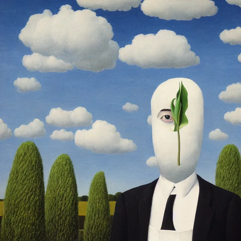 Prompt: portrait of a faceless tulip - head man in a suit, clouds in the background, by rene magritte, detailed painting, distance, middle centered, hd, hq, high resolution, high detail, 4 k, 8 k