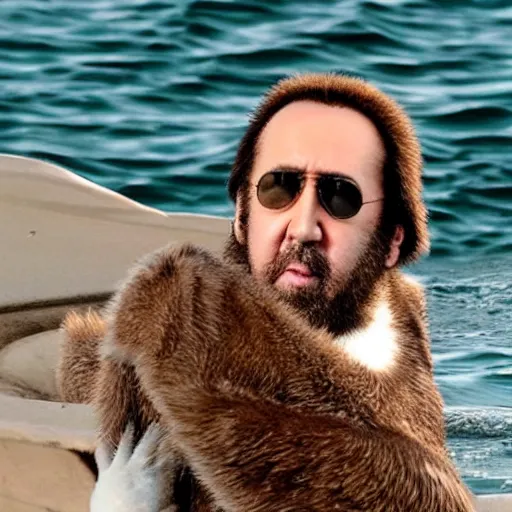 Image similar to nicolas cage wearing a sea otter suit, cosplay, furry, funny, candid photograph