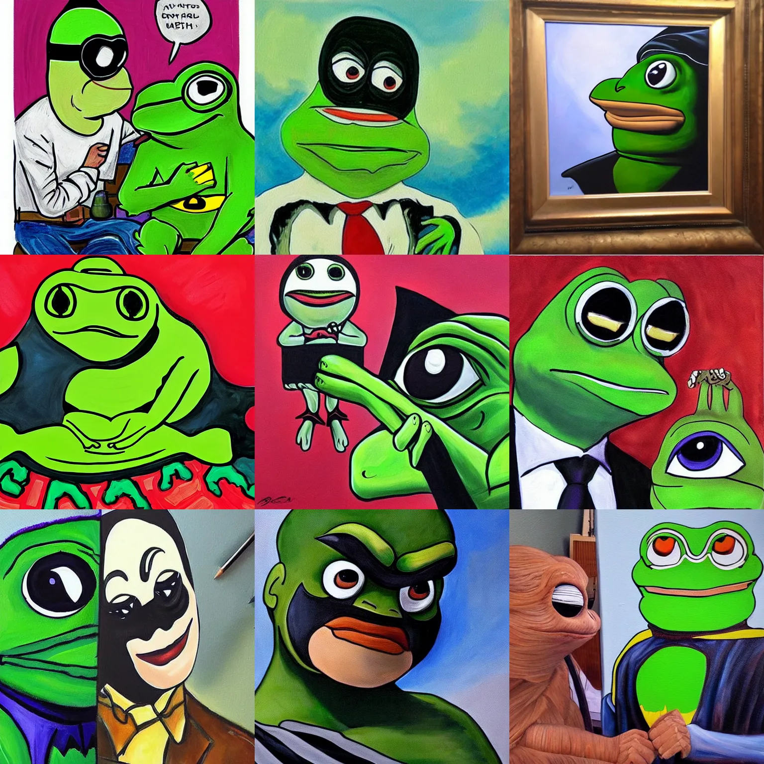 Prompt: beautiful painting of pepe the frog meeting batman
