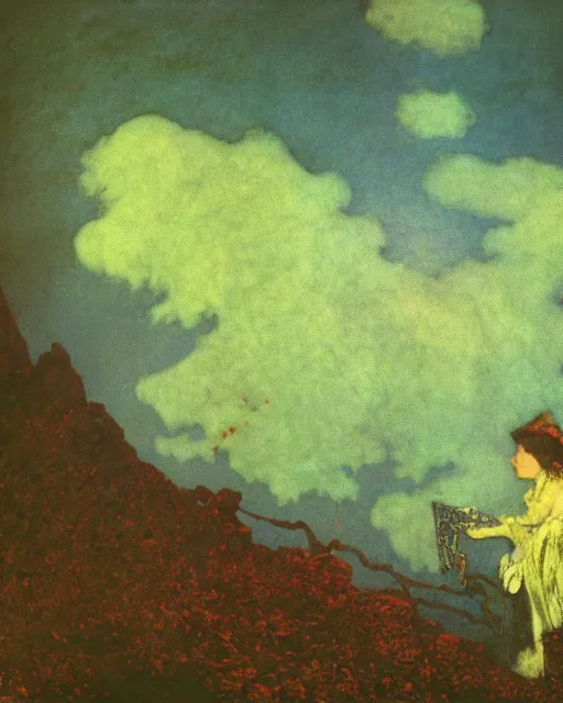 Image similar to a person conjuring!!! an image!!! from of noise!!!, by arthur rackham, maxfield parrish, and ivan aivazovsky, kodachrome colors, intricate, chaotic, fantasy realism, hopeful, 8 k render, volumetric lighting