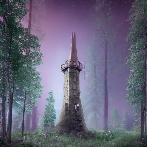 Prompt: wide angle shot of a ancient tower in a clearing of a fairytale forest at night under a starry sky, super moon, ethereal, pastel tones, mist and fog, concept art, blender render, highly detailed, 4 k, 8 k, artstation