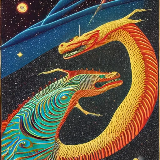Prompt: composed by howard arkley, by beeple, by jean auguste dominique ingres. a body art of a dragon in space. the dragon is in the foreground with its mouth open rows of sharp teeth. coiled & ready to strike, its tail is wrapped around a star in the background. background is full of stars & galaxies.