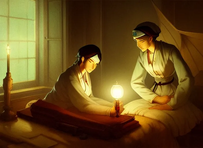 Prompt: 1 8 5 5 crimea, army hospital at night, florence nightingale holding lamp watching over sleeping patient, finely detailed perfect art, painted by greg rutkowski makoto shinkai takashi takeuchi studio ghibli