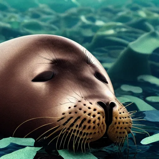 Image similar to A seal sleeping peacefully in a kelp forest, cinematic, hyper realistic, detailed, 8k, octane render.