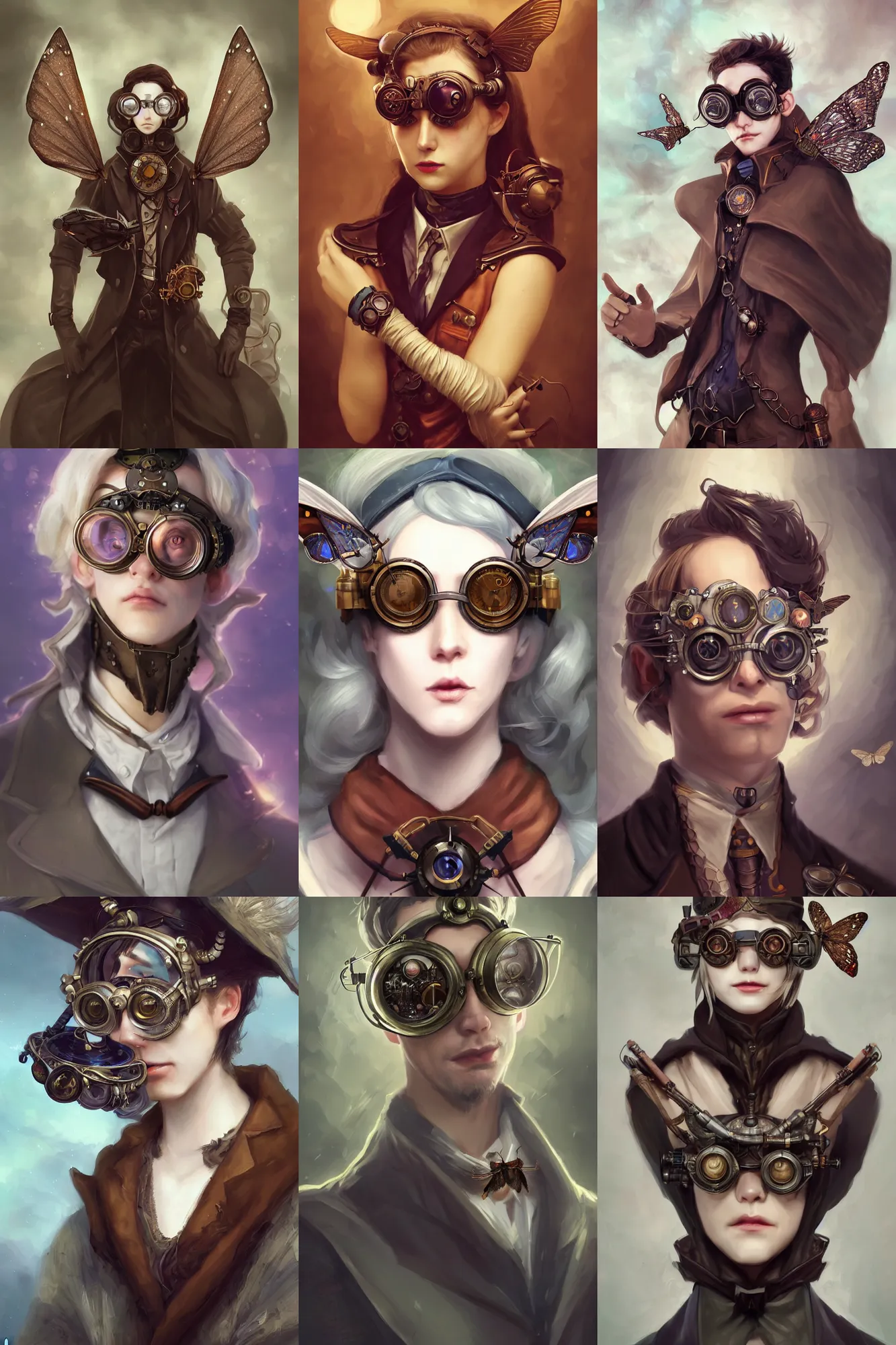 Prompt: a ( man personified as a chemist moth ), beauty portrait, fantasy chemistry, steampunk goggles, cape, vampire dress collar, digital art by krenz cushart, laurie greasly, wlop, artgerm, intricate, highly detailed, sharp focus, smooth, epic composition, joyful, unreal engine