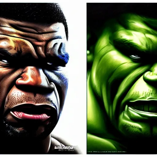 Prompt: 5 0 cent as the hulk, digital painting, extremely detailed, 4 k, intricate, brush strokes, mark arian, artgerm, bastien lecouffe - deharme