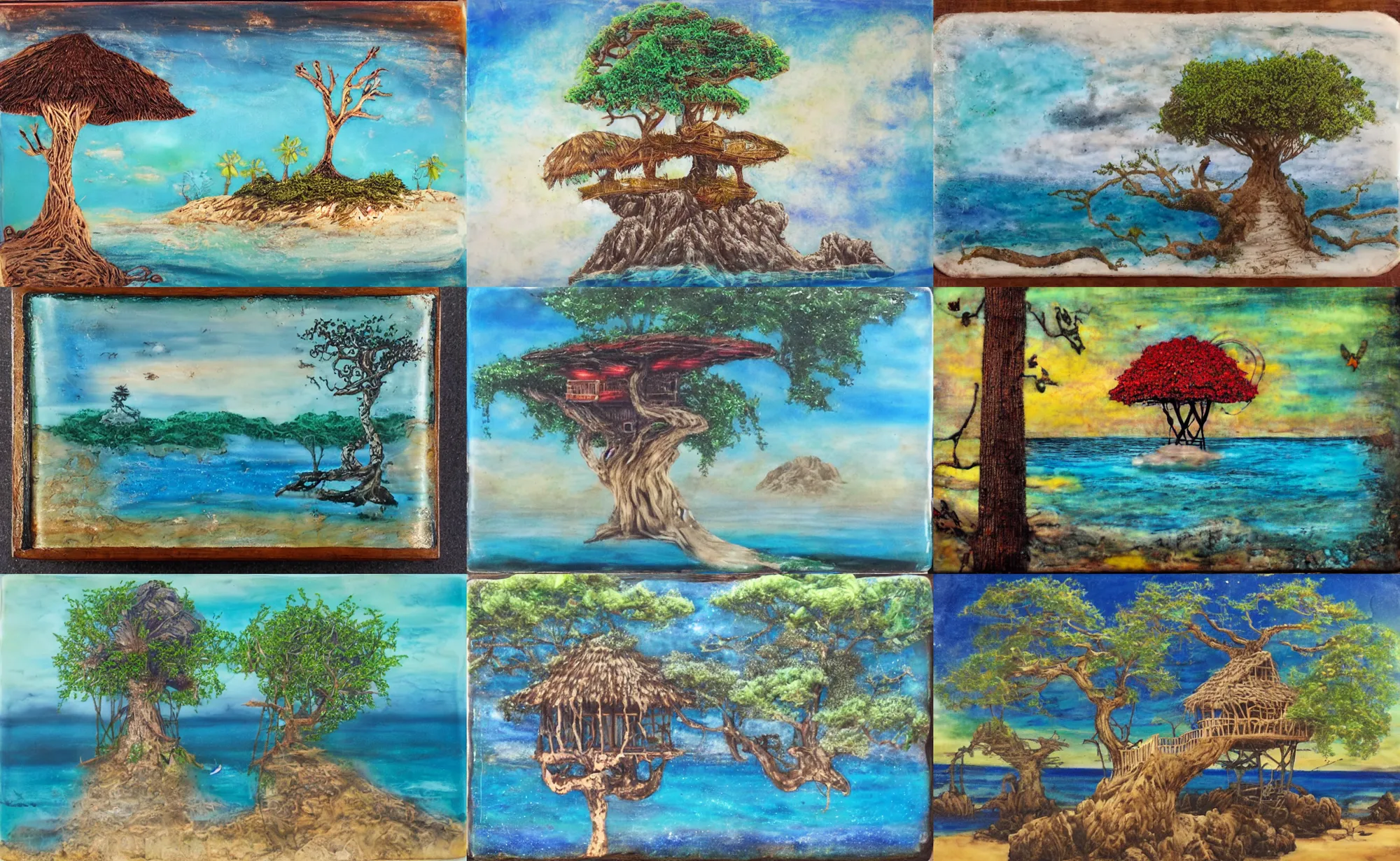 Prompt: encaustic painting of a mystical island treehouse on the ocean