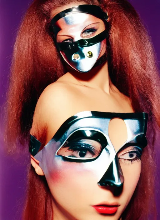 Image similar to a fashion portrait photograph of a woman wearing a metal mask designed by david lachapelle, 3 5 mm, color film camera,