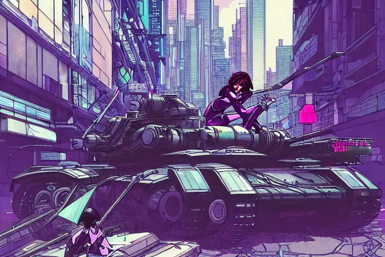 Prompt: motoko kusanagi riding a spider - tank in a grungy cyberpunk megacity, intricate and finely detailed, cyberpunk vaporwave, by phil jimenez, ilya kuvshinov