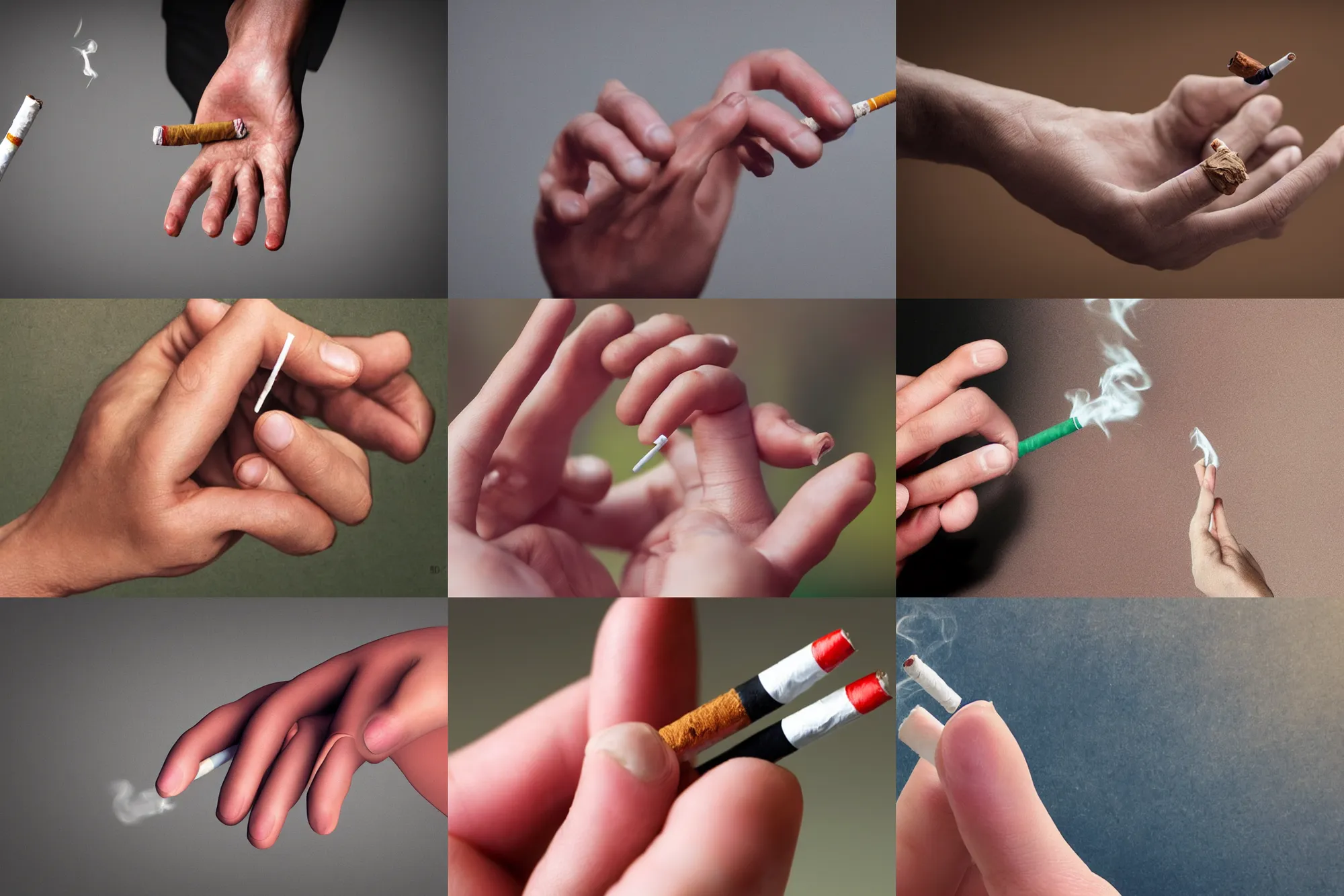 Prompt: human thin hand with five 5 fingers holding a cigarette in hand, hyper realistic, highly detailed, photo realistic