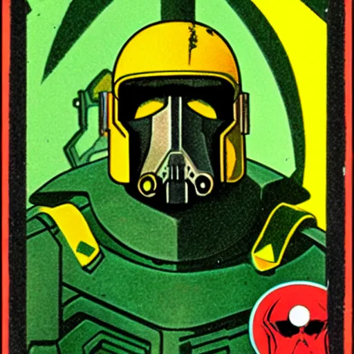 Image similar to portrait of a mutant chronicles bauhaus doomtrooper, wearing green battle armor, a yellow smiley sticker centered on helmet, by jean giraud