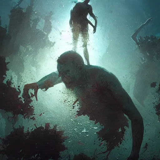 Prompt: a man fainted underwater in a zombie apocalypse by greg rutkowski