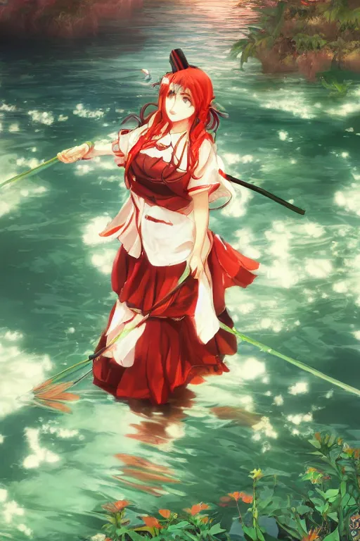 Image similar to hakurei reimu from touhou project floating on the water at night, plants, green and orange theme by krenz cushart and mucha and makoto shinkai and akihito yoshida and greg rutkowski, 4 k resolution