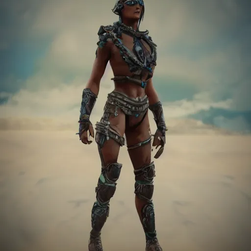 Image similar to beautiful warrior woman, standing in a barren wasteland, futuristic, photo - realistic, octane render, popular on art station