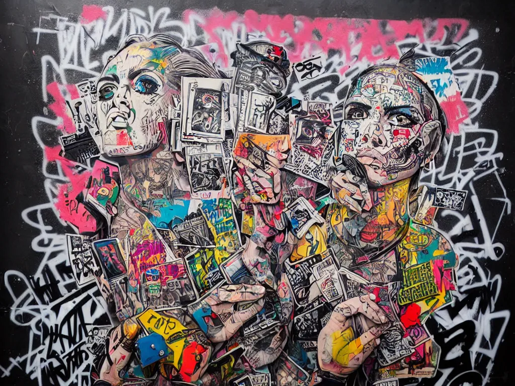 Image similar to a multilayered mixed media street art on paper bursting with nostalgic pop culture and hiphop references, punk and graffiti symbols and tattoo designs, sharp details and in focus, high resolution, flat evenly lit background, art by stikki peaches