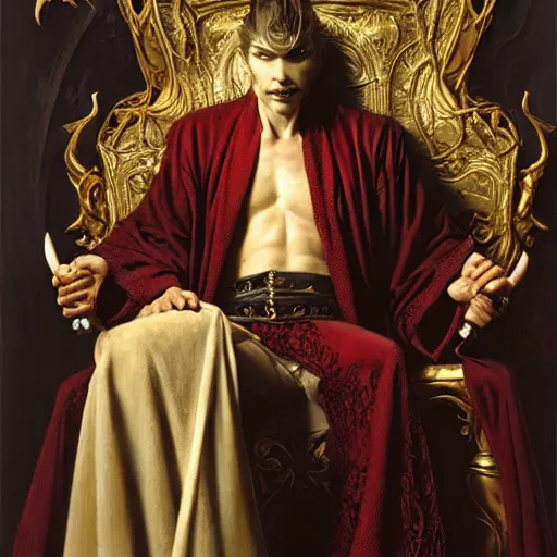 Image similar to perfectly centered portrait of attractive vampire king in a robe sitting on a throne of bones, highly detailed painting by gaston bussiere, craig mullins, j. c. leyendecker, 8 k