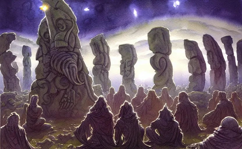 Image similar to a hyperrealist watercolour character concept art portrait of a group of druids kneeling down in prayer to a tall elegant lovecraftian alien on a misty night in stone henge. a battlecruiser starship is in the background. by rebecca guay, michael kaluta, charles vess and jean moebius giraud