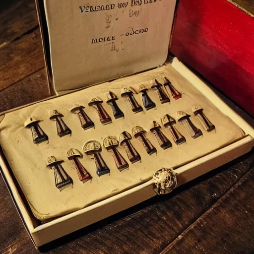 Image similar to vintage gift box for men, stamped with sealing wax, old school, wes anderson style