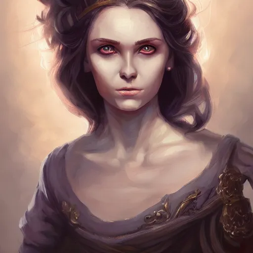 Image similar to a detailed matte head - on portrait painting of an middle - aged half - tiefling noblewoman with golden eyes and short well kept hair, by charlie bowater, lise deharme, wlop, tending on arstation, dungeons and dragon, dnd, pathfinder, fanart, oil on canvas