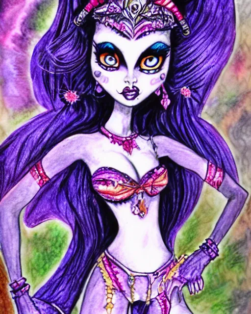 Image similar to josephine wall watercolor pencil drawing of a monster high universe clawdeen wolf fullmoon