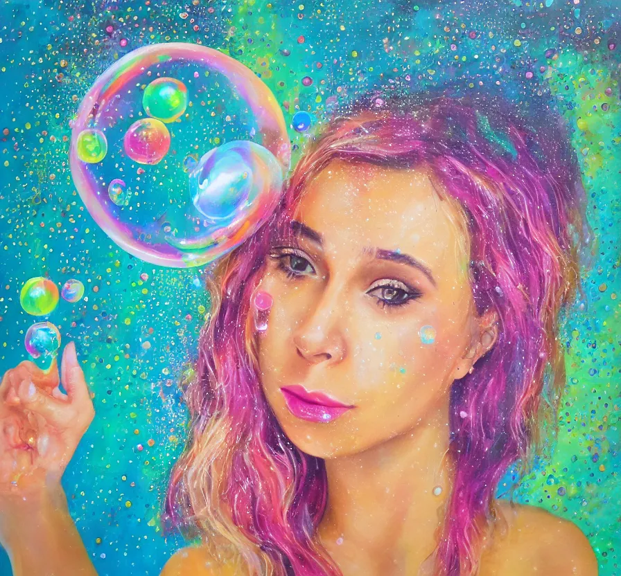 Image similar to beautiful woman, face, bubbles, bubble, watedrops, waterdroplets, acrylicpainting, acrylicpouring, painting, influencer