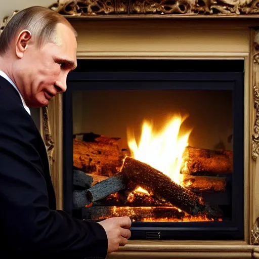 Prompt: vladimir putin looking at a log fire photograph, nikon lighting effect dof