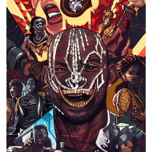 Image similar to a matte painting of killmonger, dripped out, diamonds, diamond chain, stylish, diamond grill by sachin teng