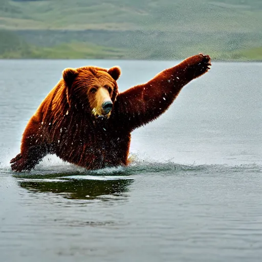 Prompt: kodiak bears kung - fu fighting on a lakefront using salmon as weapons, in the style of the flintstones, hanna - barbera.