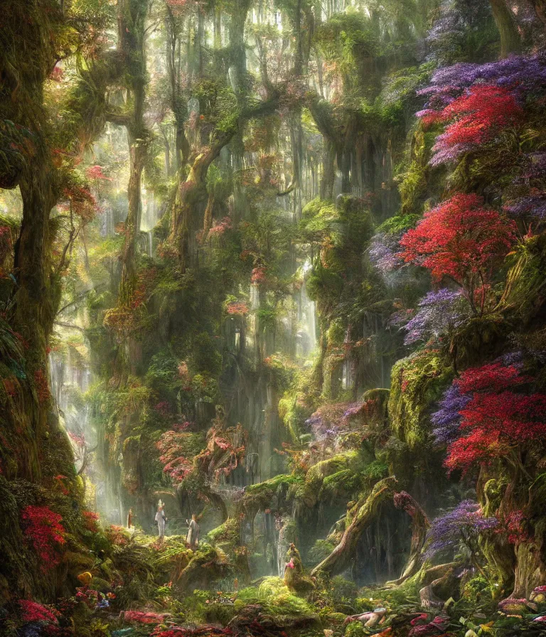 Image similar to a beautiful hyperrealistic detailed painting of a thin climbing path climbing through an enchanted fantasy forest, by federic edwin church, by alex heywood, by hayao miyazaki, epic scale, 3 d, brilliantly coloured, intricate, ultra wide angle, trending on artstation, golden ratio, morning, volumetric lighting, polished, micro details