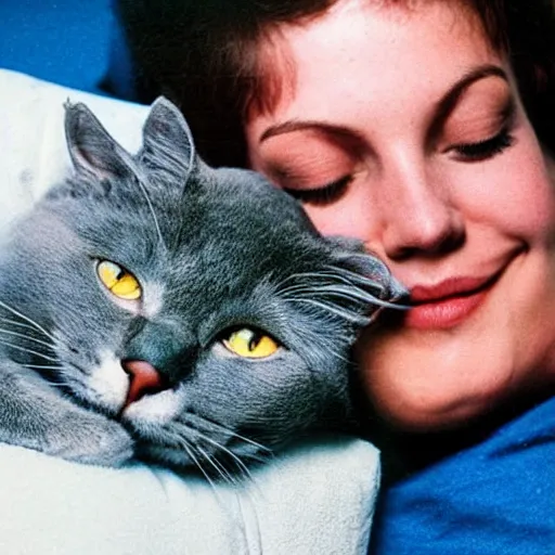 Prompt: “1980s comic adult laying on sofa with Russian blue cat sleeping on him”