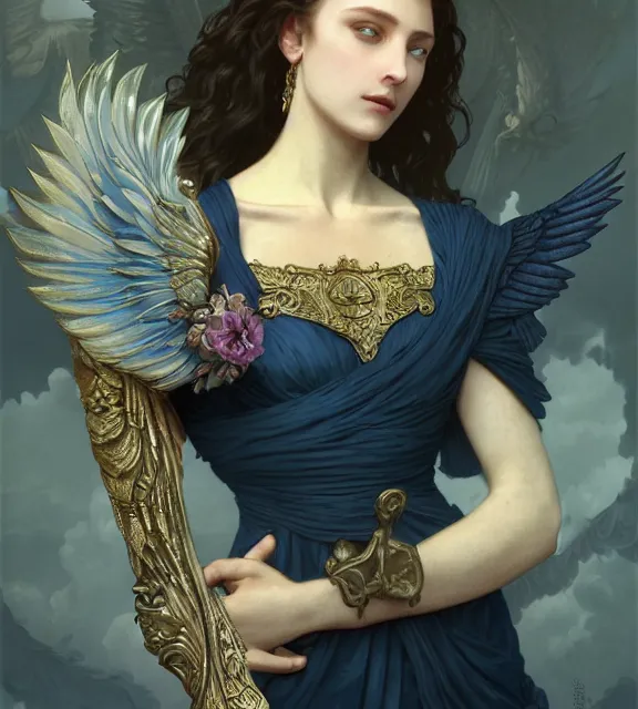 Image similar to god of death, in the underworld, elegant dark blue dress, very detailed, throne, very intricate details, jewelry, delicate tattoos, elaborate long hairstyle, wings, cinematic, artstation, william bouguereau, alphonse mucha, greg rutkowski, rossdraws, octane render