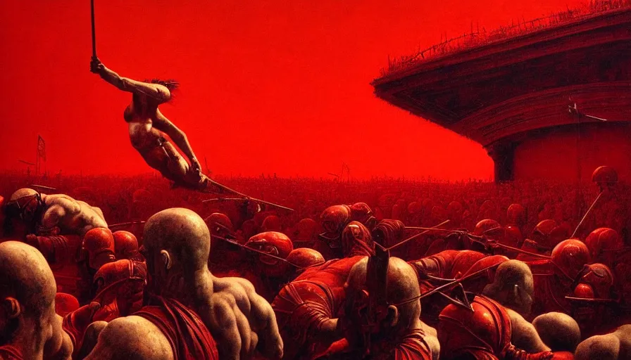 Image similar to only with red, bloody gladiator battle in a crowded roman amphitheatre, crowd cheering, in the style of beksinski and edward hopper and rodcenko and yue minjun and cory loftis, intricate and epic composition, red by caravaggio, highly detailed, masterpiece, red light, artstation, art nouveau