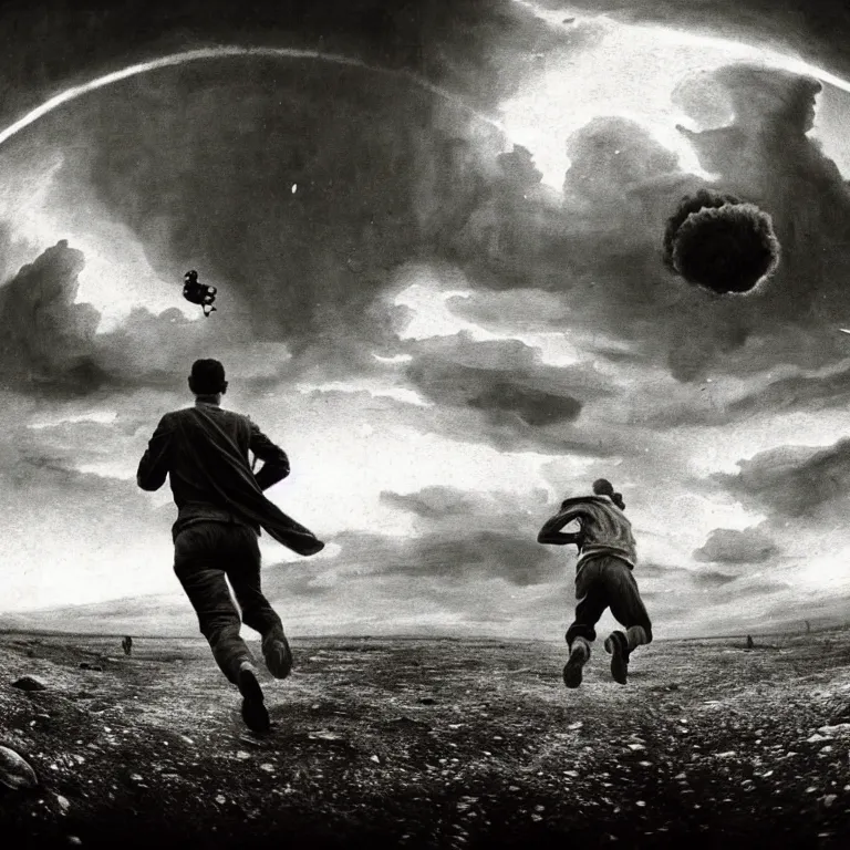 Image similar to man running away from atomic bomb explosion, selfie gopro footage by hieronymus bosch, action footage, disposable camera, fisheye, landscape portrait surreal painting, perfect composition, beautiful detailed intricate octane render, artstation, 8 k, photorealistic, volumetric cinematic light, chiaroscuro, masterpiece, raphael, bosch, caravaggio, beksinski, giger